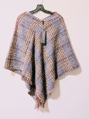 Plaid Knit Poncho Shrug in Blue Multi by GoodTimes